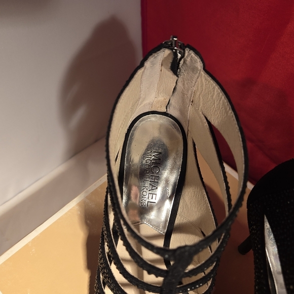 MICHAEL Michael Kors Woman's Mavis Open Toe Black Suede Heel Sandals w/ Crystals - Picture 6 of 13